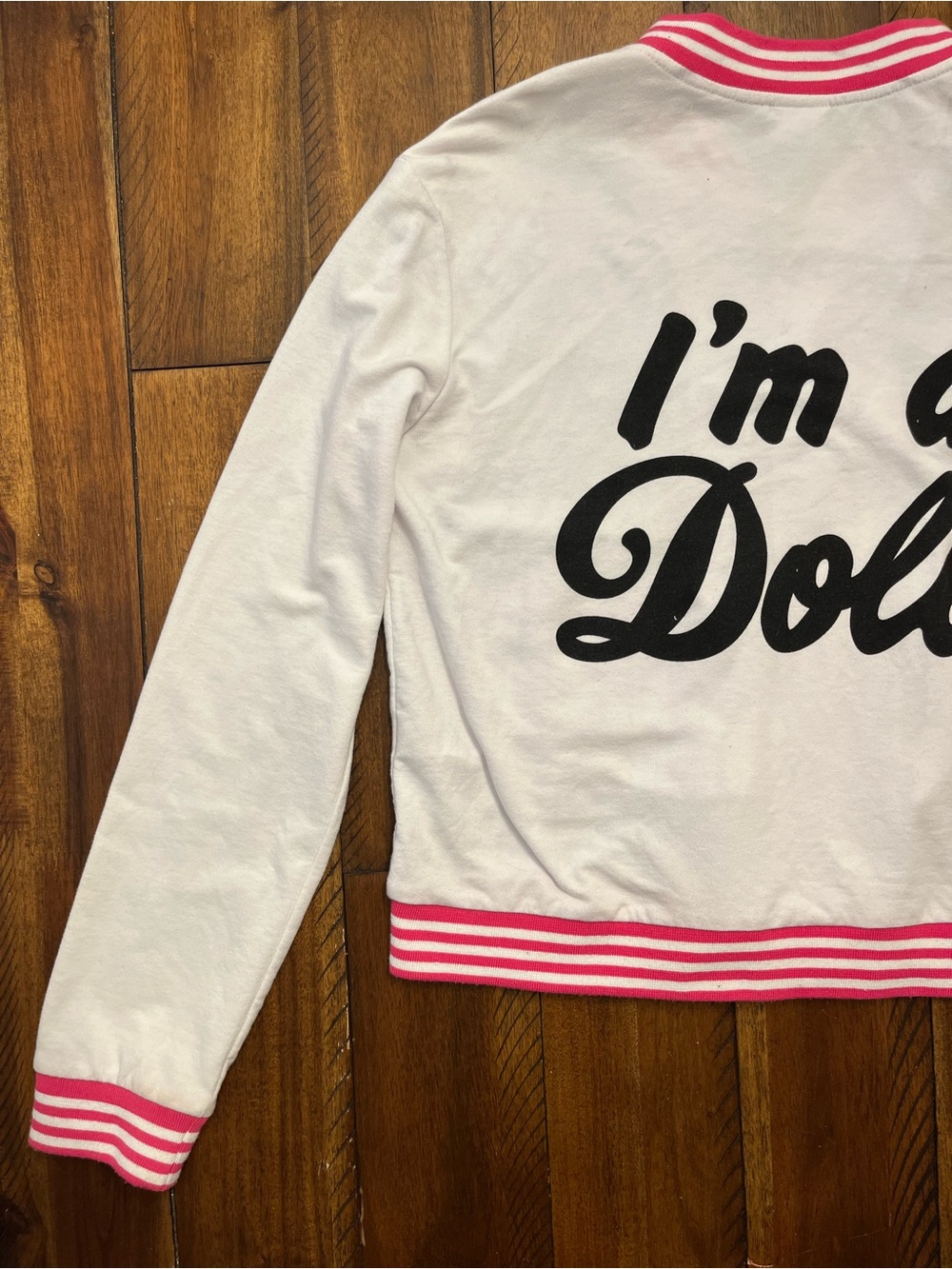 Barbie White Varsity Jacket with Pink Trim and Black Lettering - Picture 7 of 12